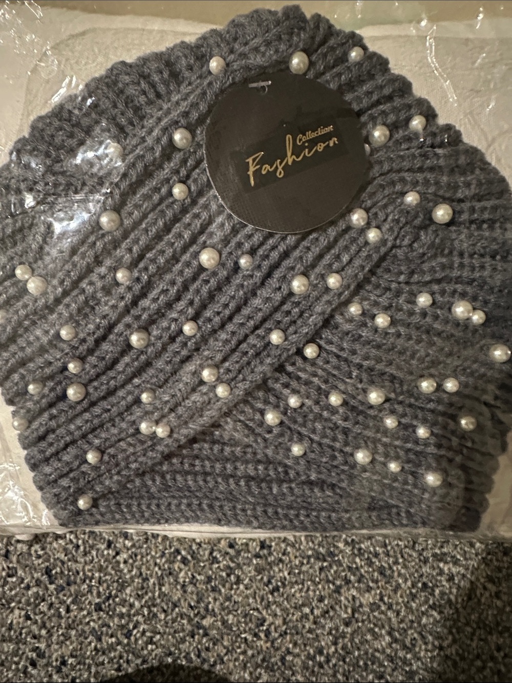 Gray Pearl-Embellished Knit Hat
